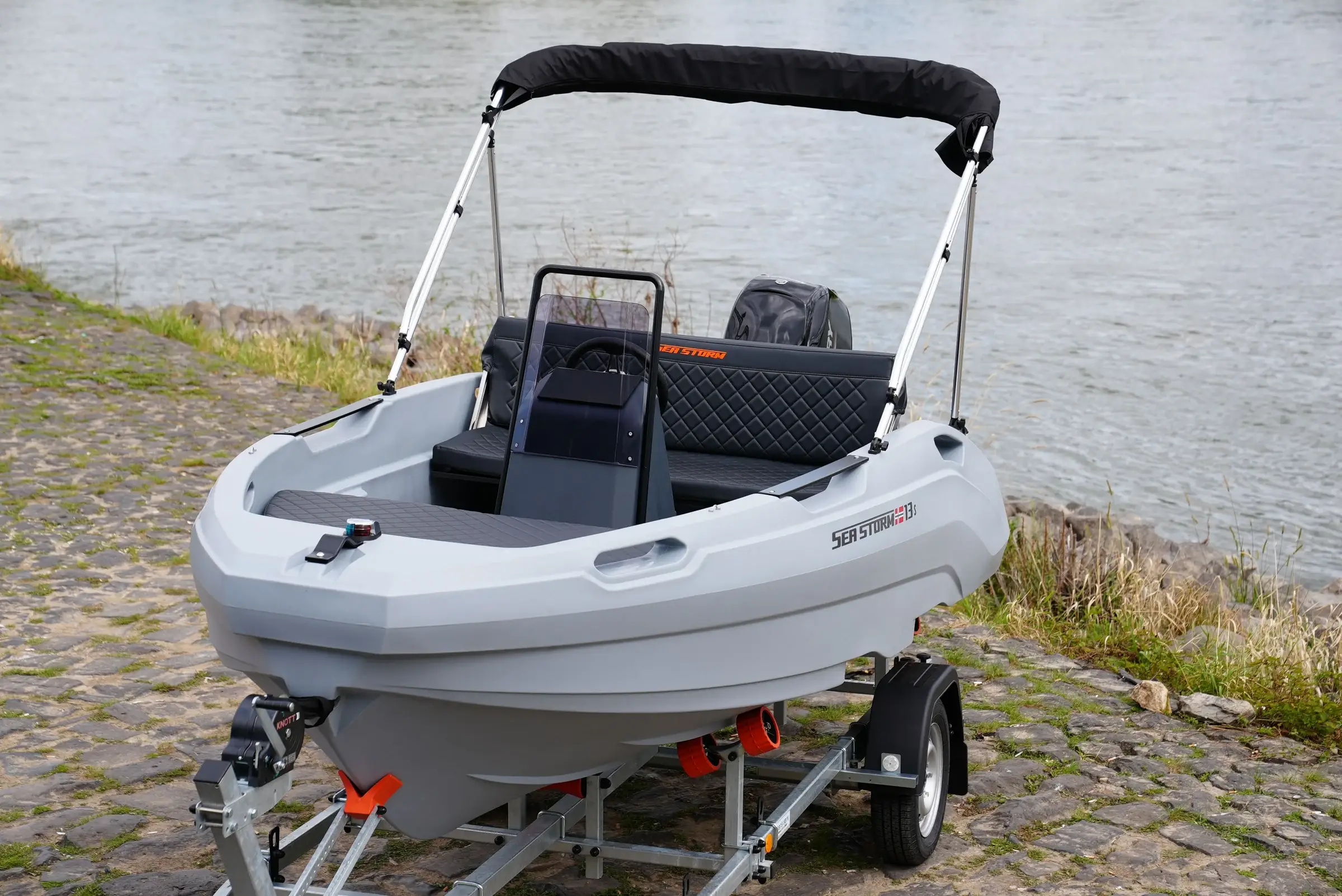 SeaStorm 13s on the trailer, view from the front at an angle