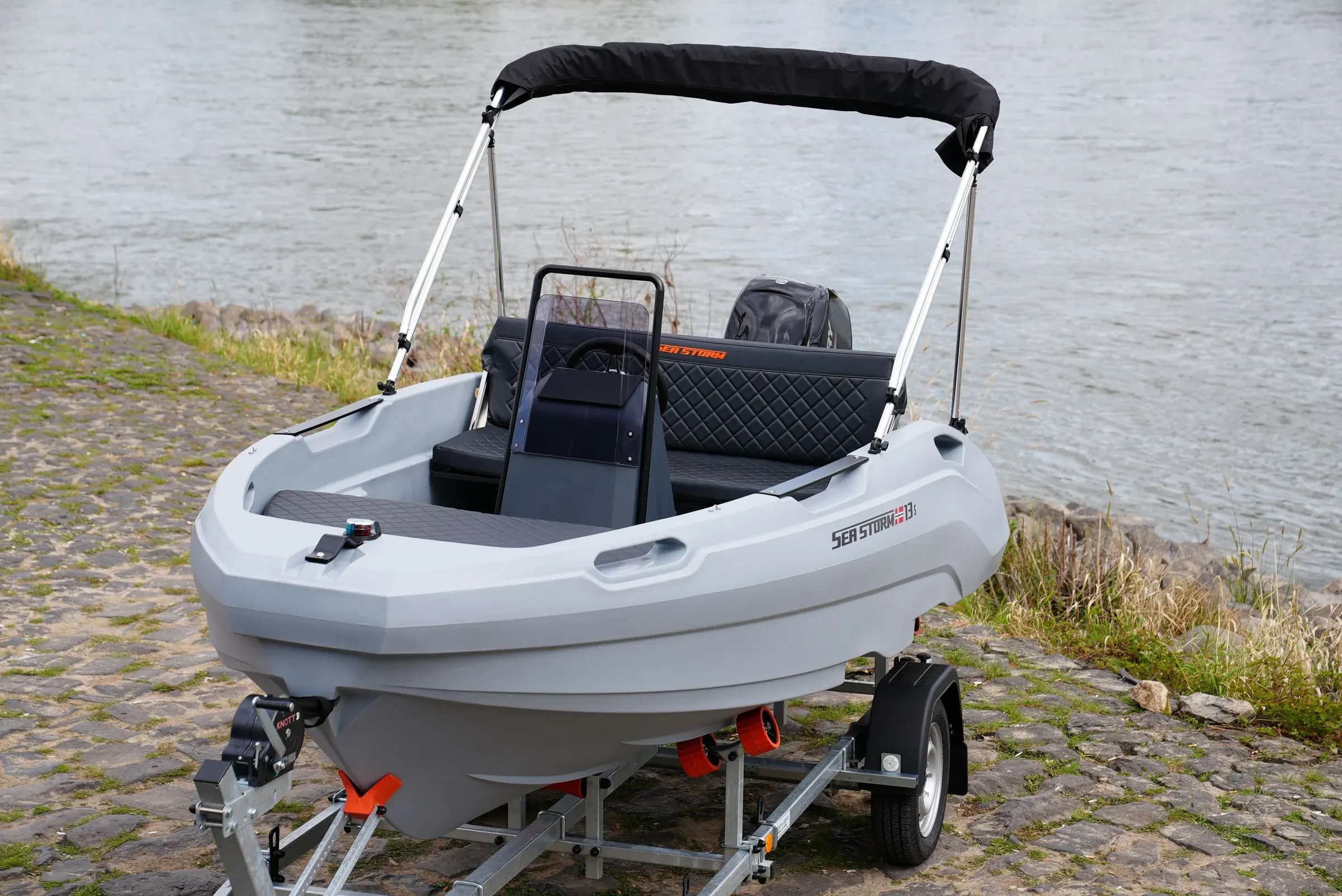 SeaStorm 13s on the trailer, view from the front at an angle