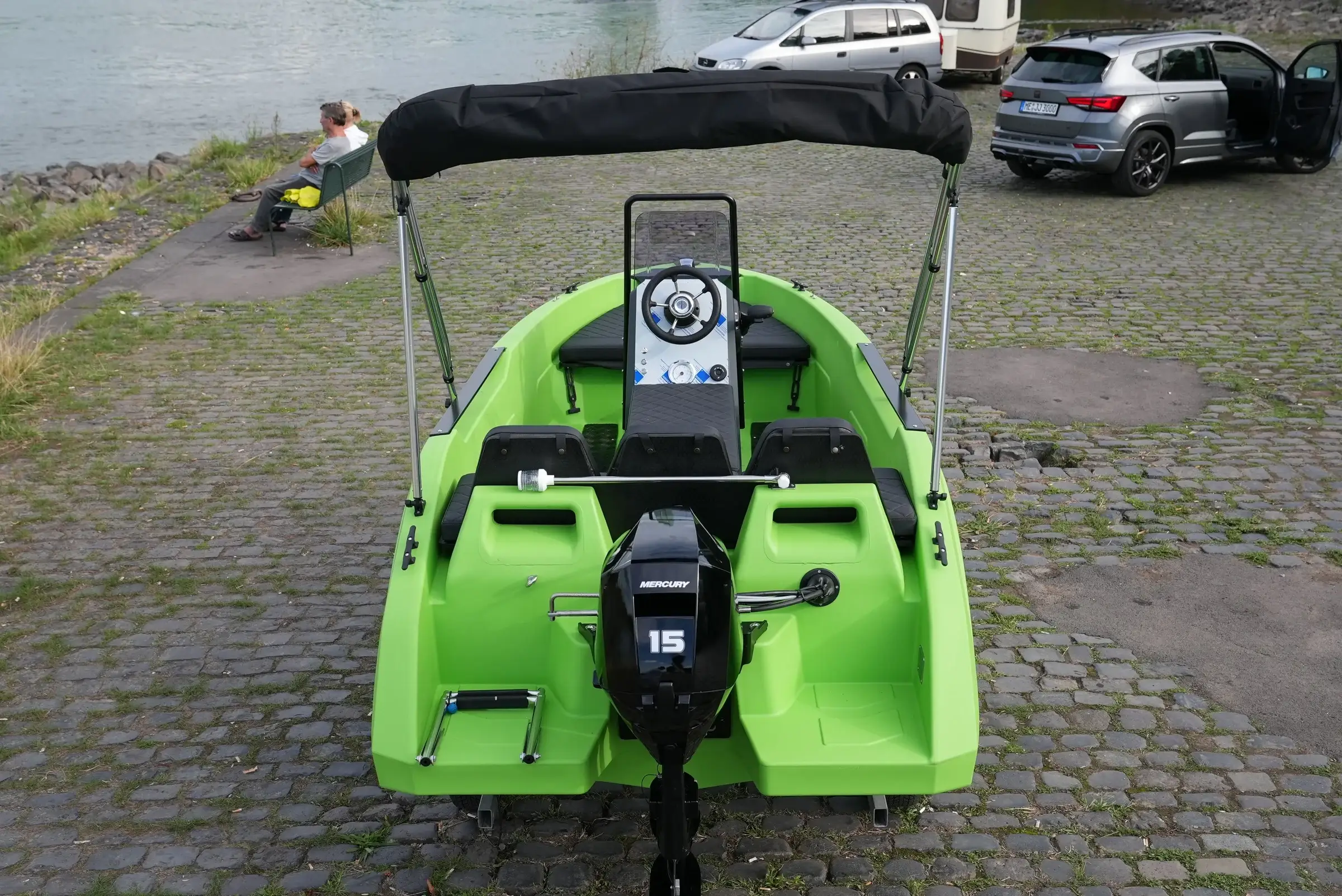 Rear view of the SeaStorm 12 with Mercury F15 and bathing platform