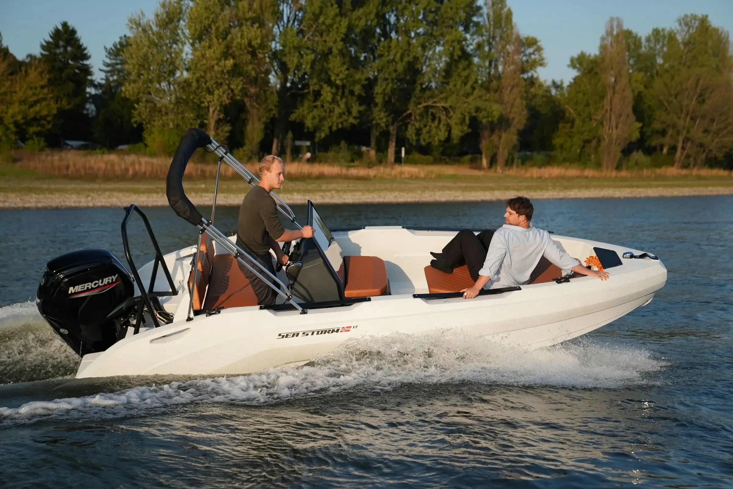 SeaStorm 17 under way with wakeboard tower